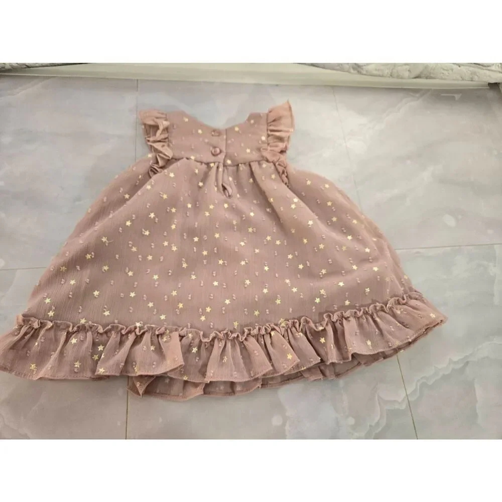 Marmellata Girls Size 3-6 Months Rose & Gold Stars Ruffled Chiffon Overlay Dress